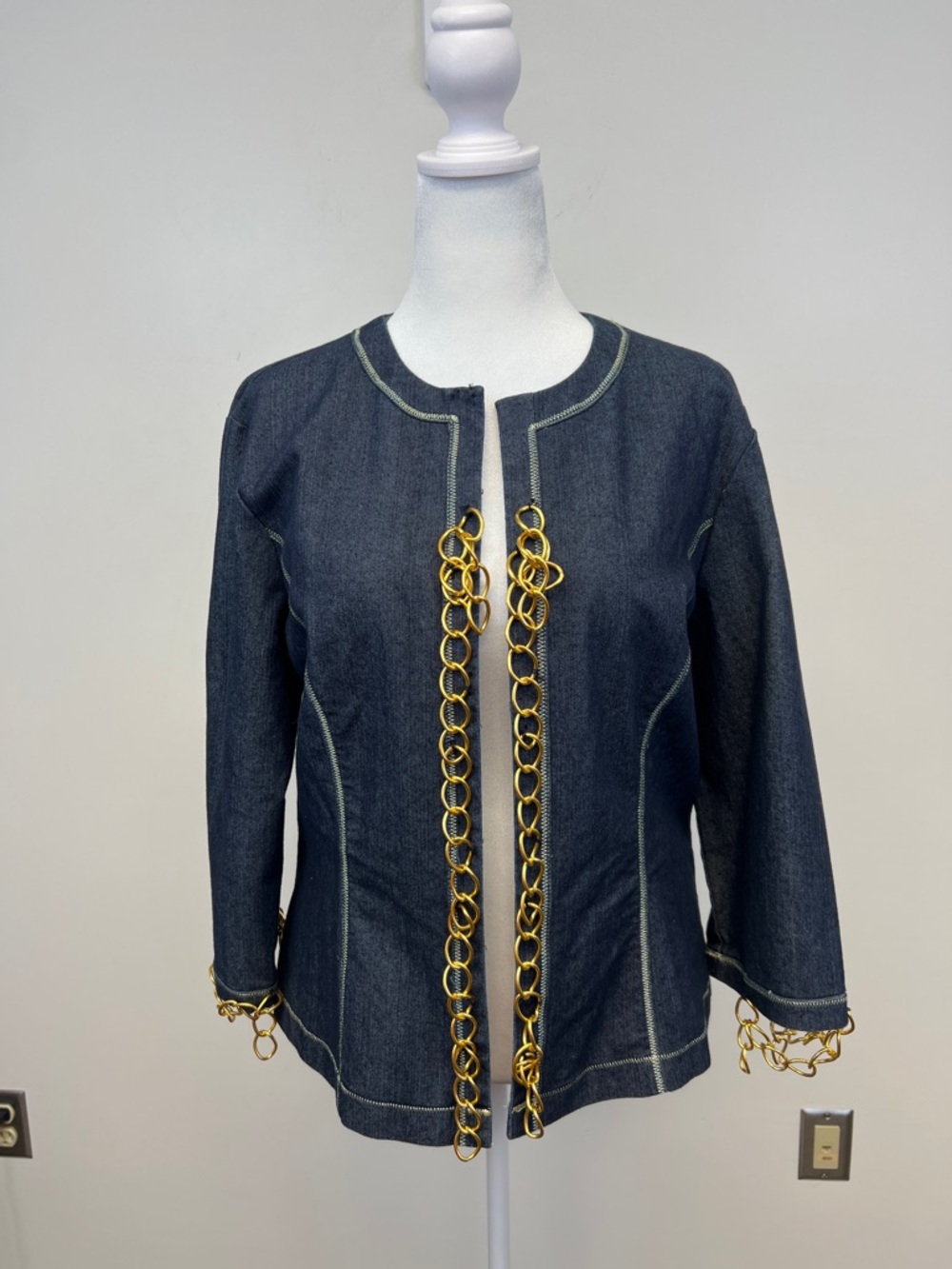 Multiples Flashy Flirty Bold Denim Jacket with Gold Chains and Zipper Size L